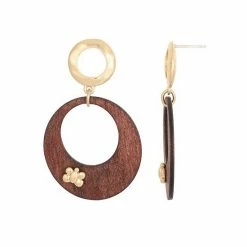 Bella Uno Gold Tone & Wood Double Circle Bee Drop Earrings
